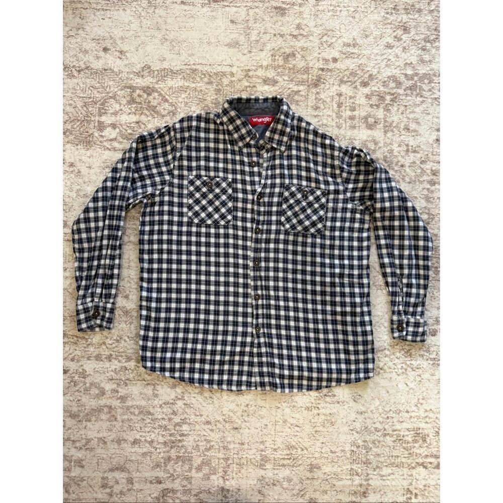 Wrangler Men's Plaid Flannel Button Up Cowboy Western Shirt Black White Large
